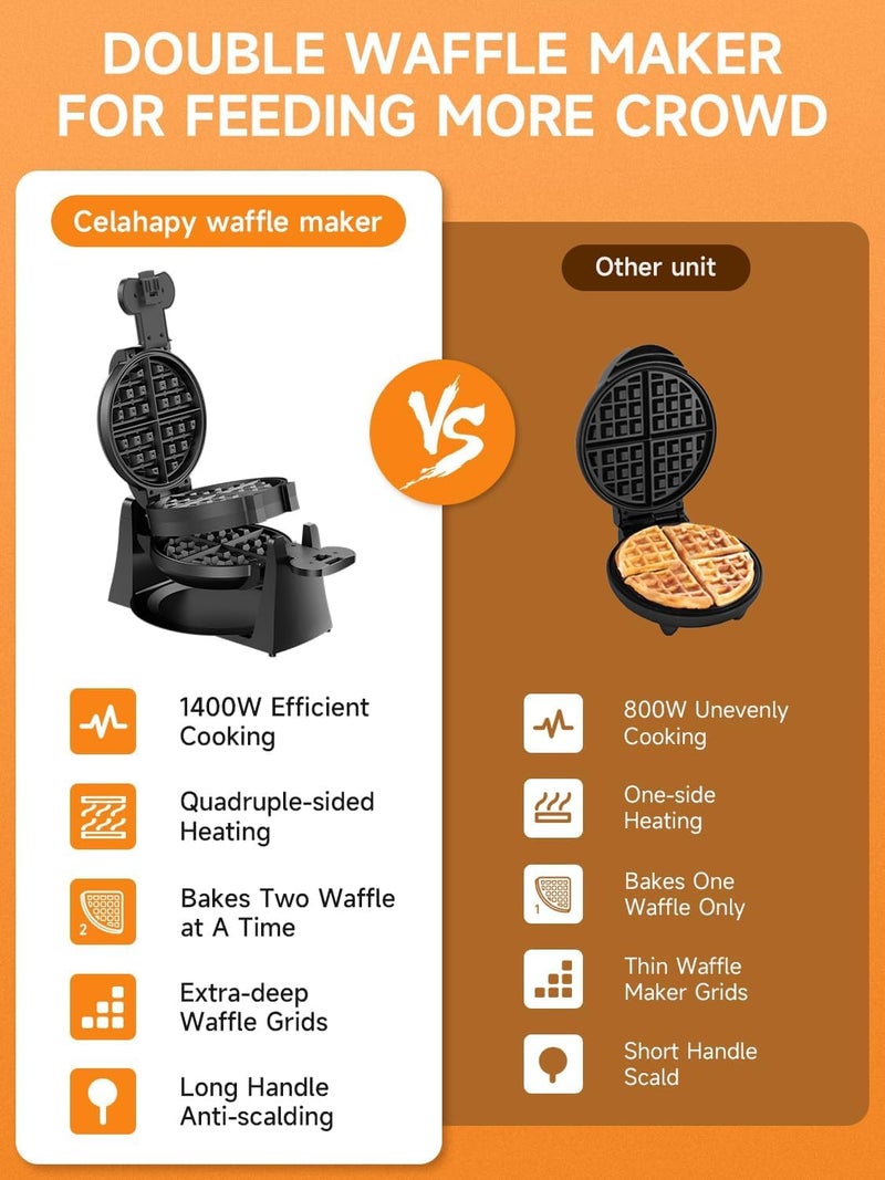 celahapy Waffle Maker, 1400W Double Belgian Waffle Iron 180° Flip, 8 Slices, Rotating & Nonstick Plates, Removable Drip Tray for Easy Cleaning, Cool Touch Handles, Space Saving Storage, Black - Image 2
